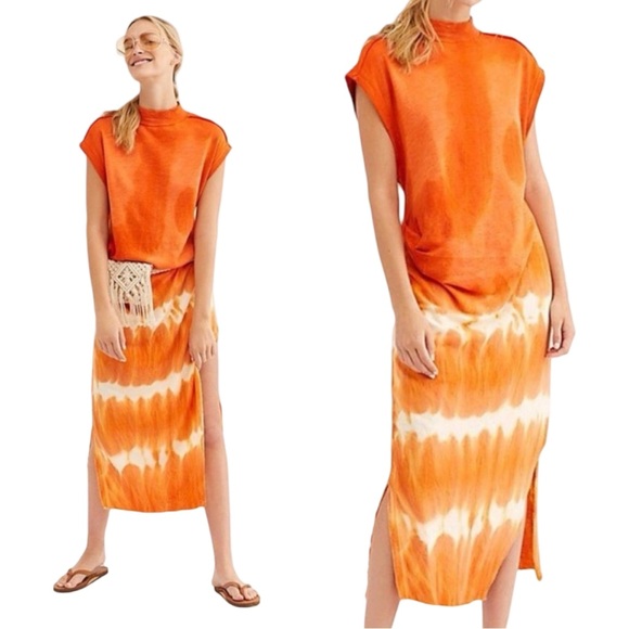 Free People Dresses & Skirts - Free People Tie Dye Orange Midi Length Boho Top Dress size medium